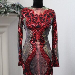 Love & Lemonade Party Cocktail Formal Shiny Dress Long Sleeve Kneelength